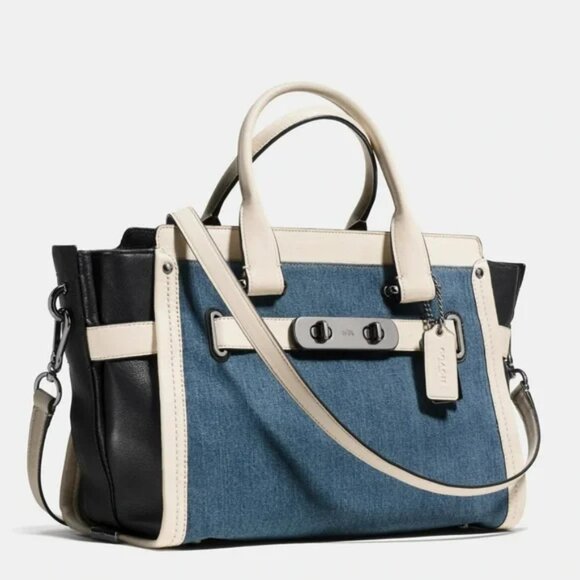 Coach Denim Swagger with black and white leather - Picture 1 of 11